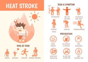 health care infographics about heat stroke risk sign and symptom and prevention